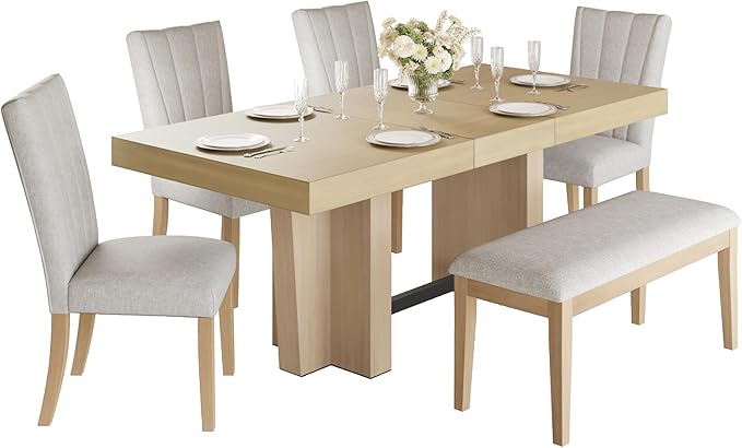 Ball & Cast 6 Piece Farmhouse Dining Table Set with Extendable Table,4 Upholstered Chairs & 1 Bench,Wooden Kitchen Table Set of 6,Backrest Chair with Table & Upholstery-Bench,for Dining Room,Natural