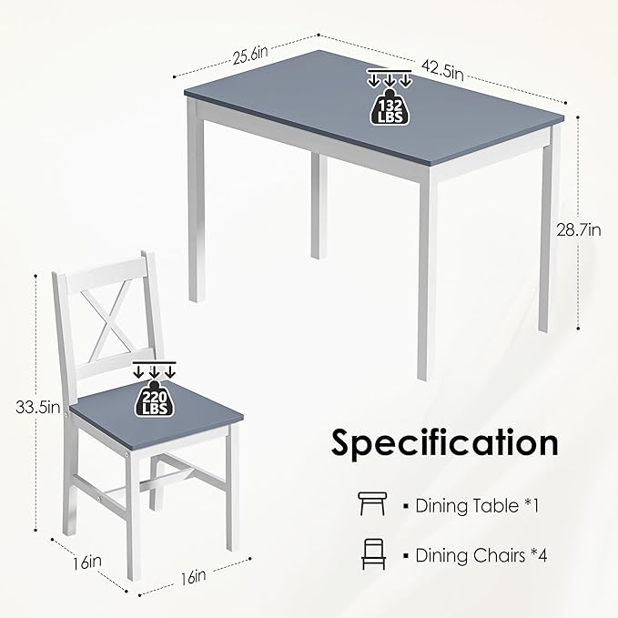 SogesPower Dining Table Set for 4, Wood Rectangular Kitchen Dining Table Set with 4 Chairs, 5-Piece Space-Saving Kitchen Table Set for Dining Room Small Space, Grey+White 43"