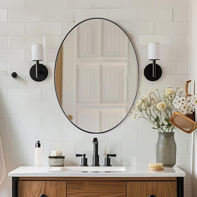 ANDY STAR Black Oval Mirrors for Bathroom, 22x30 Inch Matte Black Stainless Steel Metal Framed Oval Wall Mirror, Modern Vanity Mirror Wall Mount Horizontal or Vertical