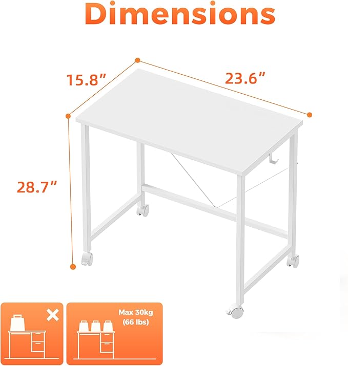 Rolling Computer Desk with Wheels, Gaming Desk for Small Spaces, Modern Simple Style Table for Home Office, Study Writing Table (Caster, White, 24 inch)