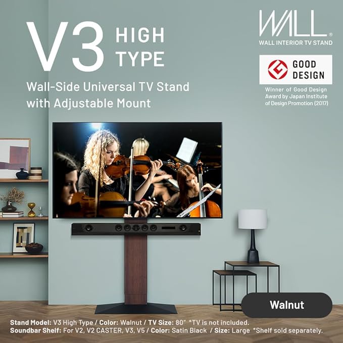 WALL V3 High Type TV Stand w/Multi-Device Holder and Soundbar Shelf L Black Set | Sleek Japanese 32-80 Inch Universal Side TV Stand Adjustable Mount, No Drill | Sleek Soundbar Shelf | Walnut