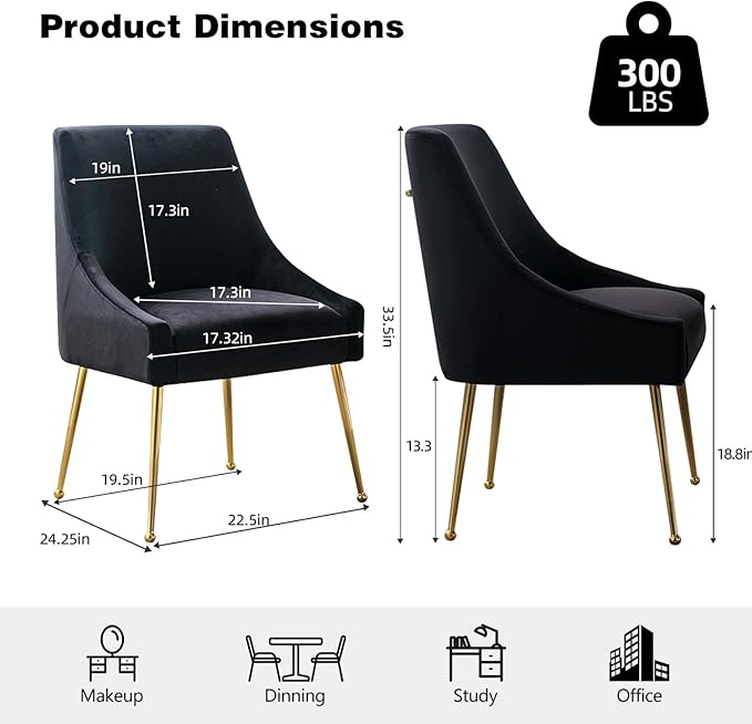 Velvet Dining Chairs Set of 2, Furniture Collection Modern Contemporary Upholstered with Polished Gold Metal Legs(Black)