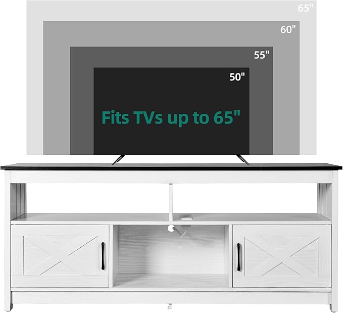 YITAHOME TV Stand for 65/55 Inch Television, Farmhouse Entertainment Center Television Stand with Power Outlets and Open Shelf, Media Console TV Cabinet for Living Room, White/Black