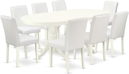 East West Furniture VAAB9-LWH-64 9 Piece Modern Dining Table Set Includes an Oval Wooden Table with Butterfly Leaf and 8 White Faux Leather Parson Dining Chairs, 40x76 Inch, Linen White