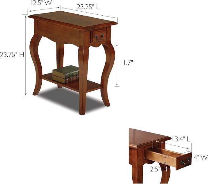 Leick Home Side Table, One Drawer, French Cabriole Leg, Shelf, Solid Poplar, Brown Cherry Finish, 12.5 in W x 23.5 in D x 24 in H, 9018-BR