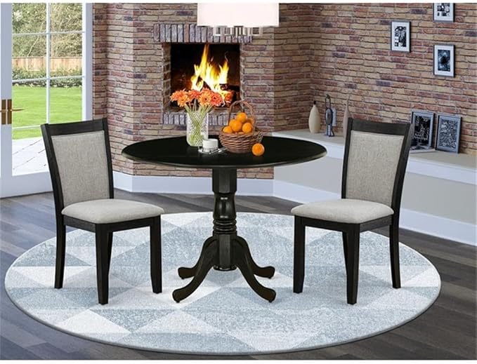 East West Furniture DLMZ3-AB6-06 3 Piece Modern Dining Table Set Contains a Round Wooden Table with Dropleaf and 2 Shitake Linen Fabric Parsons Dining Chairs, 42x42 Inch, Wirebrushed Black