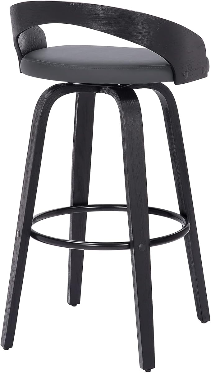 Armen Living Sonia 30" Bar Height Swivel Gray Faux Leather and Black Wood Bar Stool