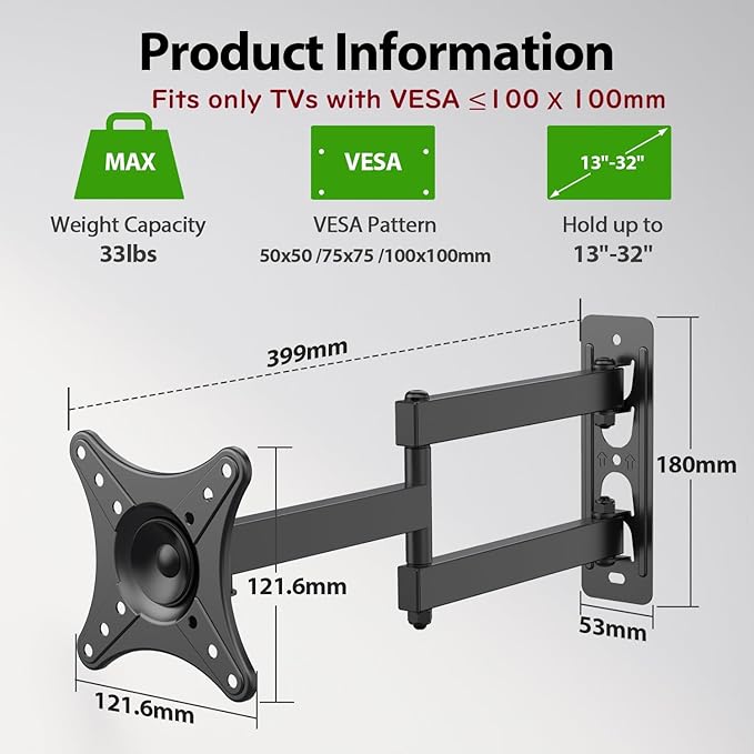 USX MOUNT Full Motion TV Wall Mount - Universal Single Stud Corner Bracket for 13-32 inch TVs, Monitor Wall Mount for LCD Monitor Swivel Tilt Rotation Articulating, VESA100x100mm, Up to 33LBS