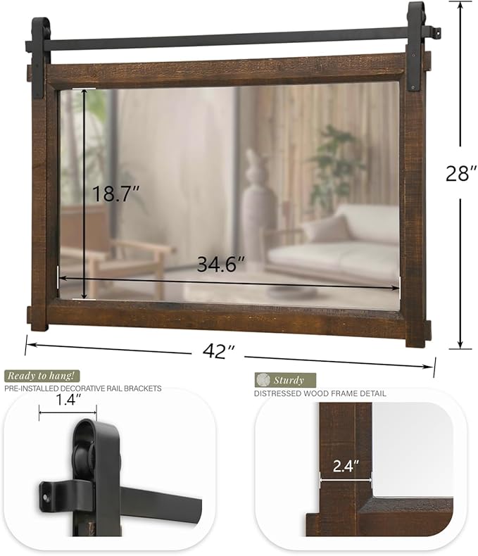 Bathroom Barn Door Mirror: 42"x28" Brown Farmhouse Wood Frame - Rustic Wall Mirror for Entryway/Living Room Wall Decor