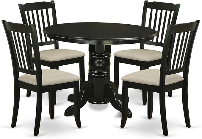 East West Furniture SHDA5-BLK-C 5 Piece Dinette Set for 4 Includes a Round Kitchen Table with Pedestal and 4 Linen Fabric Kitchen Dining Chairs, 42x42 Inch, Black