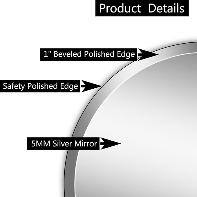 28" Frameless Beveled Round Mirror with 1" Edge for Bathroom, Entryways, Vanity, Wall Decor