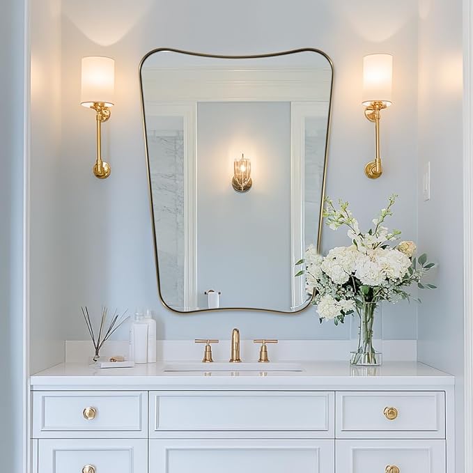 ANDY STAR Gold Vanity Mirror, 22x30 Inch Brushed Gold Bathroom Mirror, Antique Brass Asymmetrical Mirror in Rust-Proof Stainless Steel Metal Frame, Unique Butterfly Shape, Ideal for Home Remodel