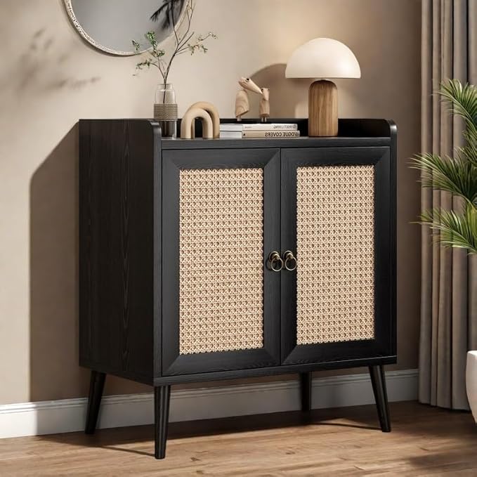Buffet Cabinet, Rattan Storage Cabinet with Round Pull Rings, Sideboard with Ample Storage, Bar Liquor Shelf with 2 Doors for Living Room, Hallway, Black