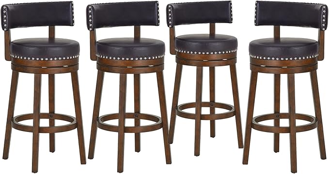 COLAMY Swivel Bar Stools Set of 4, 30 Inch Swivel Bar Height Bar Stools, Wood Swivel Barstools with Back, Modern Upholstered Wooden Barstools for Kitchen Island Dining Room Bar, Dark Brown