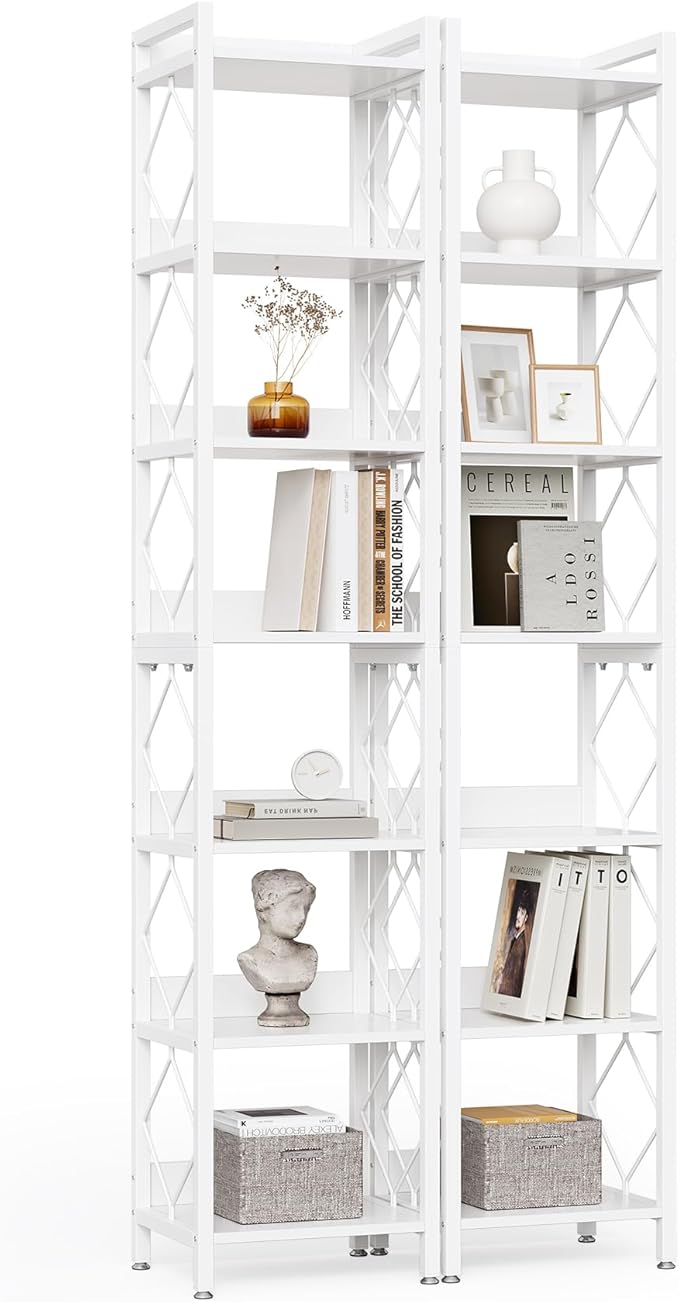 LITTLE TREE Book Shelf Set of 2, 7-Tier Tall Bookcase, Wooden Display Shelves with Metal Frame for Living Room, Modern Narrow Standing Bookshelves for Bedroom, White Office Shelf for Small Spaces