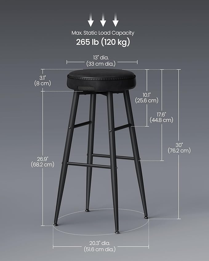 VASAGLE EKHO Collection - Bar Stools Set of 2, Bar Height Bar Stools, Kitchen Counter Stools, Mid-Century Modern Backless Counter Stools, 30-Inch Tall, Kitchen Island Home Bar, Ink Black