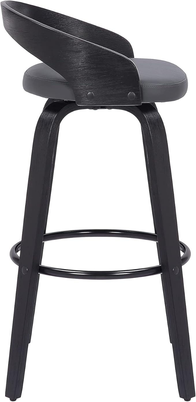 Armen Living Sonia 30" Bar Height Swivel Gray Faux Leather and Black Wood Bar Stool