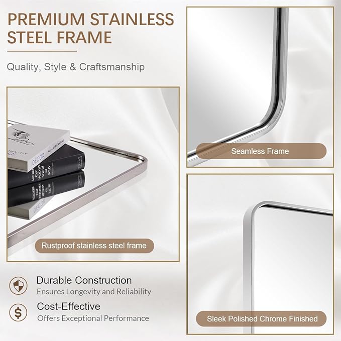 ANDY STAR 40x32 Inch Chrome Mirror for Bathroom, Chrome Bathroom Vanity Mirror, Rounded Rectangle Mirror, Anti-Rust SUS304, Seamless Tube Metal Frame, 1’’ Deep Wall Mounted Vertically/Horizontal