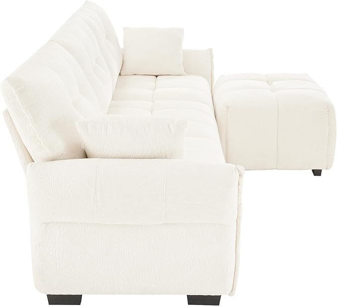 Modern Chenille Fabric 3-Seat Sofa w/Ottoman+2 Pillows, Premium Upholstery Living Room Couch with Tufted Backrest & Comfortable Armrests and High-Resilience Memory Foam Cushions,White