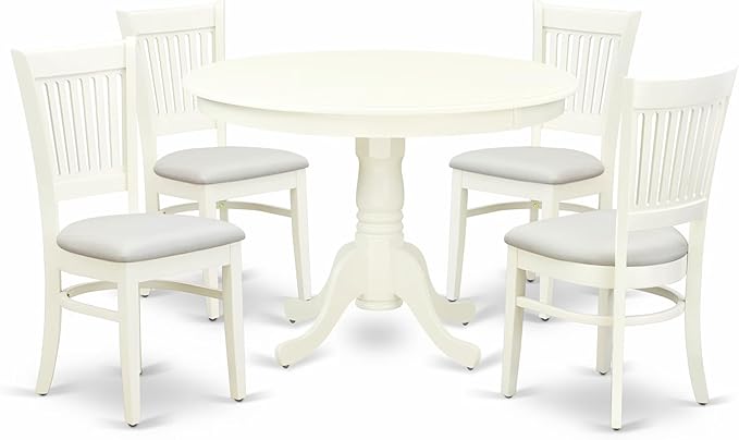 East West Furniture HLVA5-LWH-C 5 Piece Kitchen Table Set for 4 Includes a Round Dining Room Table with Pedestal and 4 Linen Fabric Upholstered Dining Chairs, 42x42 Inch, Linen White