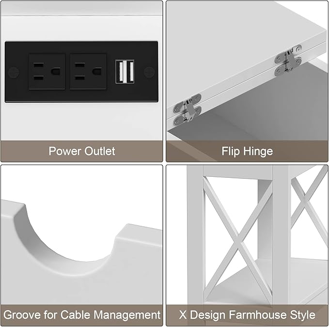 ChooChoo End Table with Charging Station, Narrow Flip Top Side Table with USB Ports & Power Outlets for Small Spaces, Nightstand Sofa Table for Living Room, Bedroom, White, 2 Pack