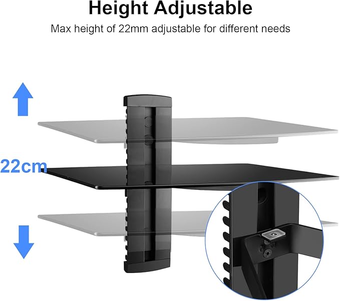 suptek Glass Floating Shelf, 1 Tier Media Shelf for TV Accessories, Flat Black Wall Mount Bracket, 17.6lbs Weight Capacity, Quick Installation, Cable Management, Custom Style, Backless