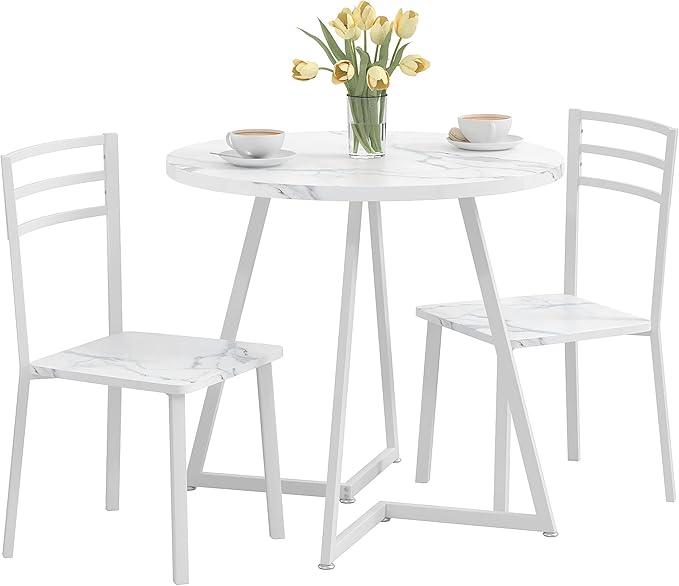 VECELO Small Round Dining Table Set for 2, Wood Tabletop with Strong Metal Frame, Modern Dinette with Chairs for Kitchen, Breakfast Nook Living Room, Faux Marbled & White