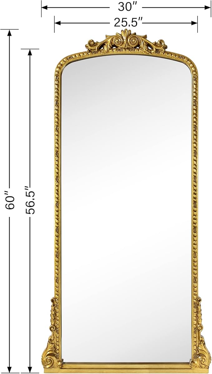 Traditional Ornate Floor Mirror Gold Arched Framed Full Length Wall Mirror Baroque Inspired Full Body Mirror, Antiqued Gold 30 x 60''