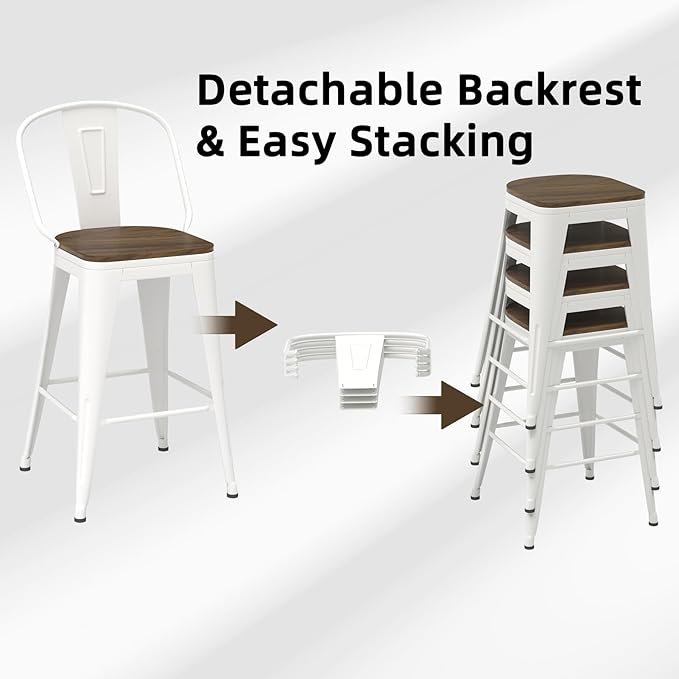 26” Swivel Bar Stools Set of 4, Counter Height Bar Stools Wooden Seat, Metal Industrial Bar Chairs with High Back for Kitchen Island (White)