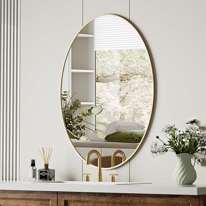 Koonmi Gold Oval Bathroom Mirror, 20"x28" Bathroom Vanity Mirror, Oval Mirror for Bedroom Living Room Entryway, Hangs Horizontal or Vertical