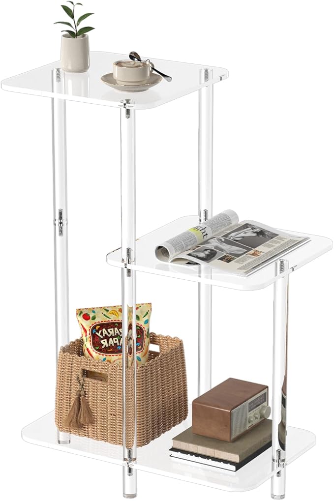 Eglaf Acrylic 3 Tiers Side Table - Square Step End Table - Clear Nightstand Small Bedside Table Accent Entryway Table, for Living Room, Bedroom, Hallway, 17'' L x 10'' W x 23.5'' H