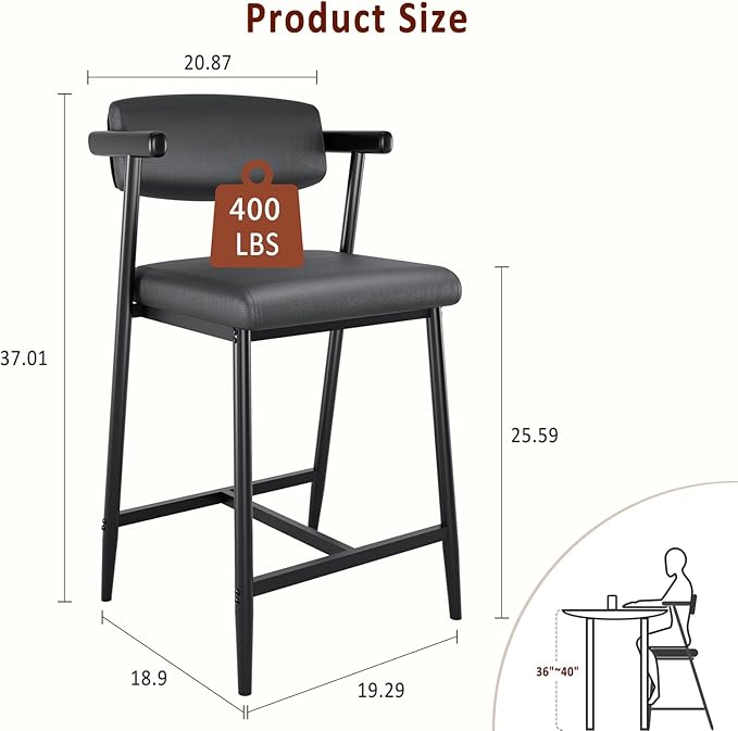 GarveeHome Counter Height Bar Stools of 4 with Armrests, 4 Piece Counter Height Bar Stools Set with Wood Back, Upholstered Seat & Metal Footrest for Kitchen Islands, Counter Bars, Retro Black