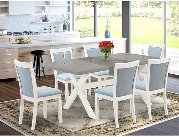 East West Furniture X097MZ015-7 7 Piece Dining Table Set Consist of a Rectangle Dining Room Table with X-Legs and 6 Baby Blue Linen Fabric Parsons Chairs, 40x72 Inch, Multi-Color