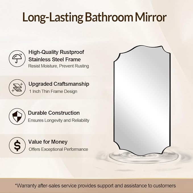 Black Wall Mirror, 24x36 Scalloped Mirror for Bathroom, Anti-Rust Metal Frame Vanity Mirrors for Living Room, Bedroom, Fireplace