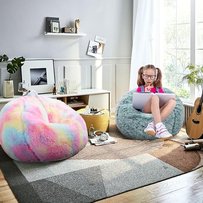 Fluffy Bean Bag Chair for Kids, 2.5FT Round Memory Foam Filled Bean Bag for Teens & Kids, Ultra Soft Faux Fur Fabric Bean Bag Chairs for Playroom, Living Room, Bedroom, Dark Green