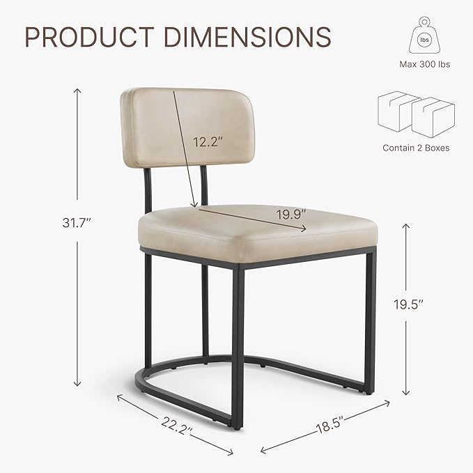 Dining Chairs Set of 6, Upholstered Modern Kitchen Chairs with Ergonomic Backrest, Faux Leather Cushion Seat & Metal Legs for Living Room, Restaurant, and Café, Beige, 2 Boxs