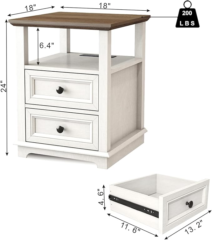 End Table with Fast USB C Charging Station, 18" Wide Tall Sofa Side Table with 2 Drawers, Large Storage Rustic Wood Square Storage Cabinet for Living Room,Bedroom,Office, White