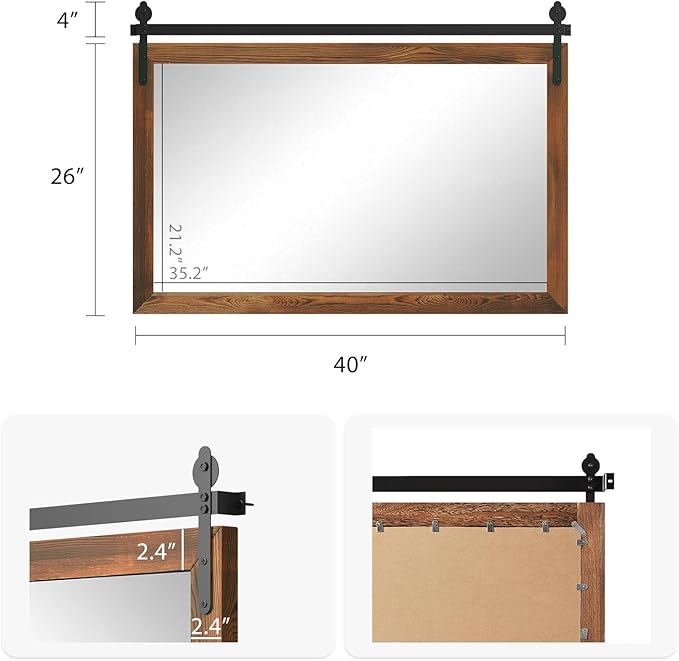 YOSHOOT Farmhouse Barn Door Wall Mirror, 40"x26" Rustic Wood Framed - Vintage Style for Bathroom, Living Room or Entryway, Brown, Horizontal Hanging ONLY