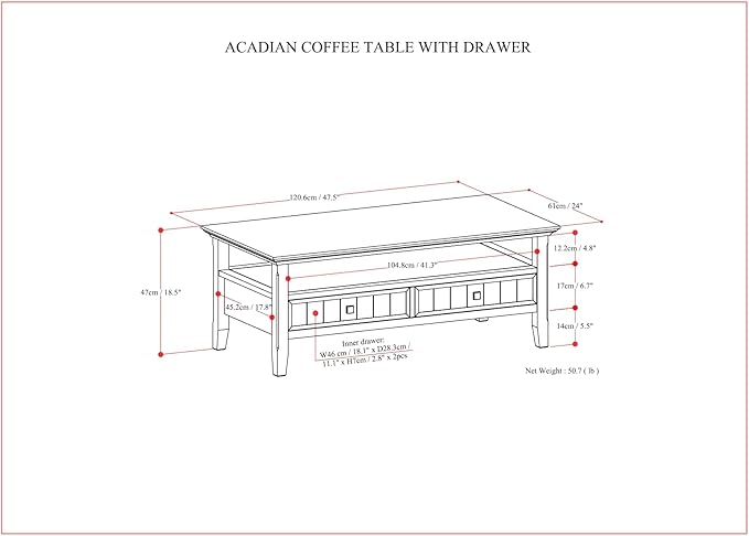 SIMPLIHOME Acadian Coffee Table - 48 inch Wide Solid Wood Transitional Cocktail Table with 2 Drawers in Brunette Brown, Classic Living Room Table with Storage Shelf and Tapered Legs