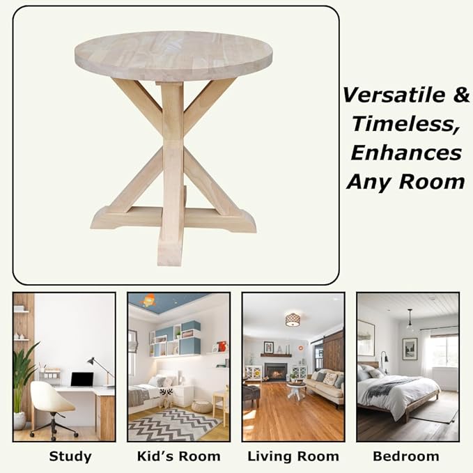 IC International Concepts, Sierra Round End Table, Solid Wood, Real Parawood, 26" W x 26" D x 26" H, Easy Assembly, DIY, Paint or Stain Your Way, Unfinished