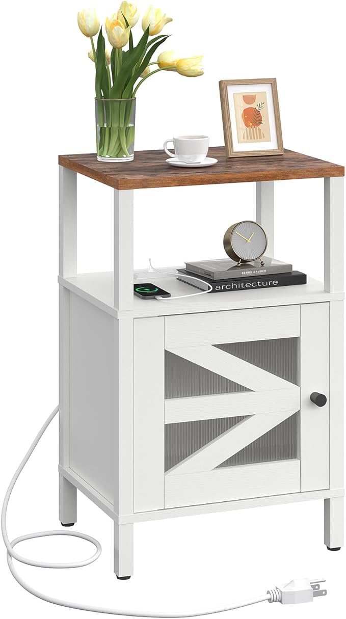 Farmhouse Nightstand with Charging Station, White Bedside Table with USB&Type-C Ports and Outlets, End Table with Storage, Acrylic Door, for Bedroom, White and Rustic Brown ETRW97E01