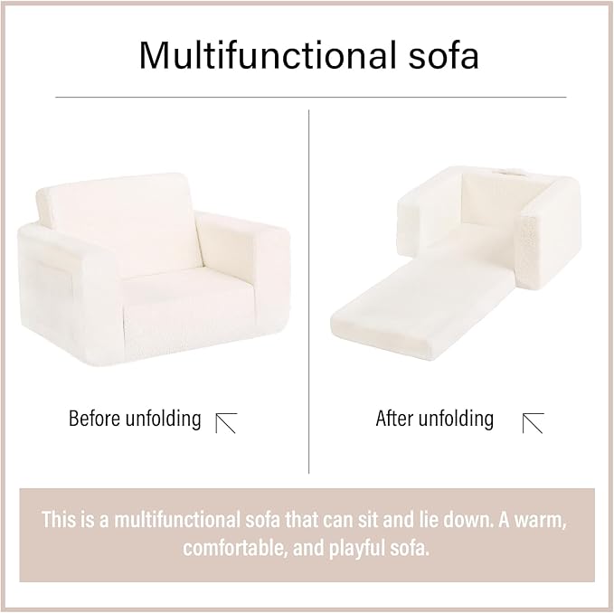 Welnow Toddler Chair, 2-in-1 Soft Sherpa Kids Sofa, Convertible Toddler Couch Lounger, Flip Out Kids Couch Chair with Side Pockets & Removable Cover for Girls and Boys, Beige