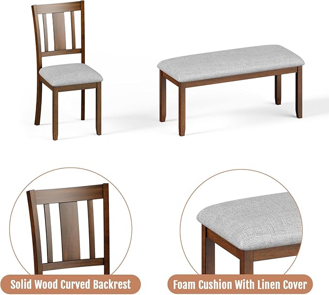 6-Piece Wooden Dining Set, Dining Table & Chair Set for 6, Includes Dining Table, 4 Upholstered Chairs & 1 Bench, Dining Table with Wood Legs, Table Set for Dining Room, Kitchen, Walnut