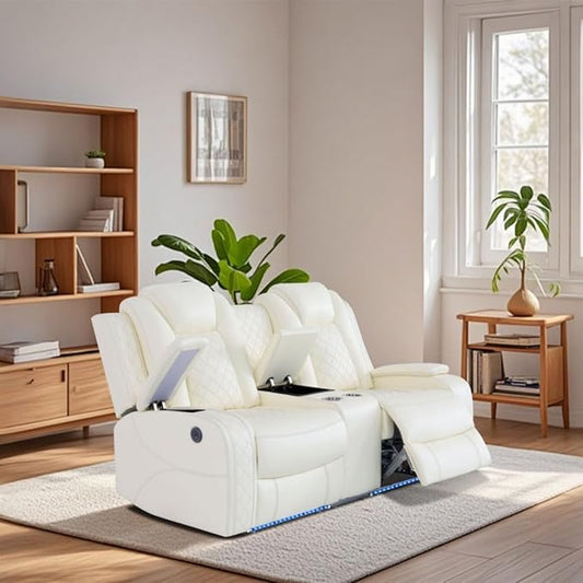 Electric Power Recliner Loveseat Set Living Room Furniture, Comfy Home Theater Breathing Leather Seating with USB 2.0 Charging Ports, LED Light Strips, Mid Console and Cupholders (White)