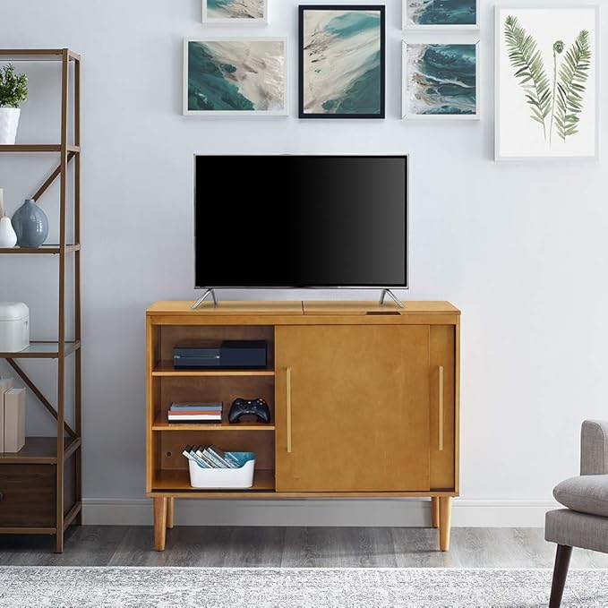 Crosley Furniture Everett Media Console and Record Player Stand with Storage for Vinyl Records, Acorn