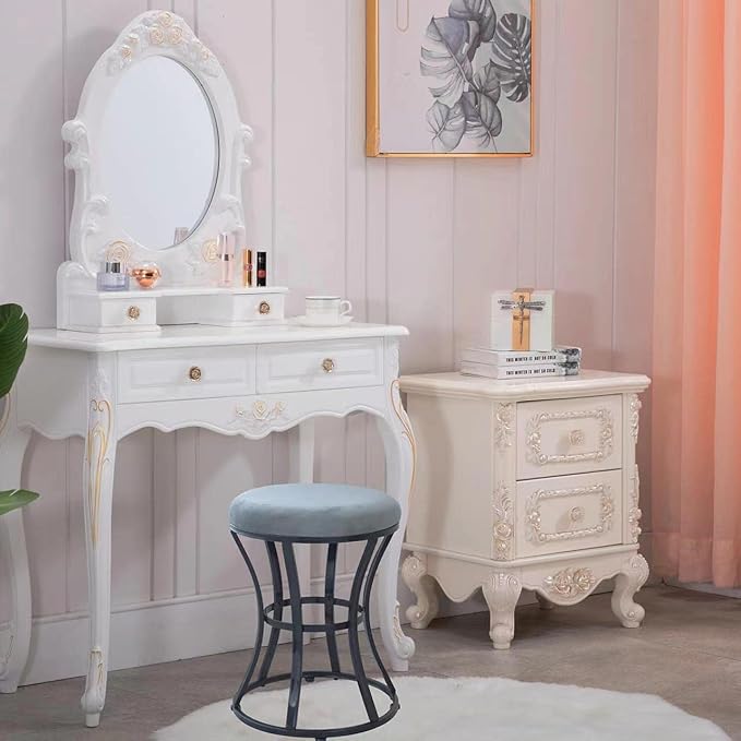 Vanity Stool, Grey Stools for Makeup Room, Round Ottoman Foot Stool, Velvet Footrest Vanity Chair for Bathroom, Bedroom, Living Room Furniture, Entryway, Offices