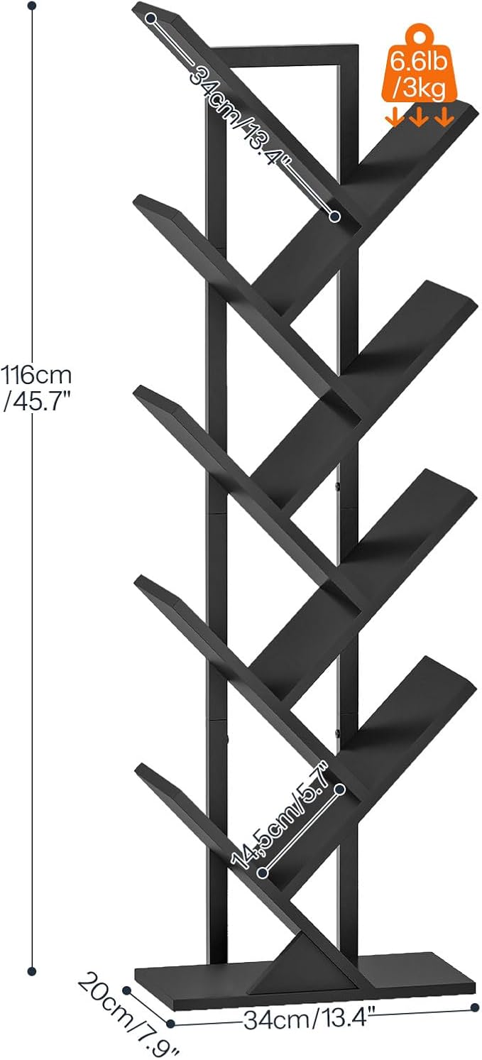 HOOBRO Tree Bookshelf, 9-Tier Tree Bookshelf with Lights, Space-Saving Book Shelf, Holds Books, CDs, Floor Standing Bookcase for Office, Living Room, Bedroom, Black BB08DSJ01