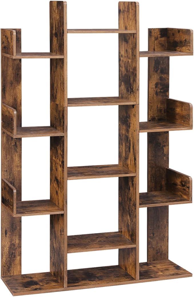 VASAGLE 6-Tier Bookshelf, Tall Display Shelf, Freestanding Storage Shelf, Rustic Brown ULBC61BX Tree-Shaped Bookcase with 13 Storage Shelves, 9.8”D x 33.9”W x 55.1”H, Rustic Brown ULBC67BXV1