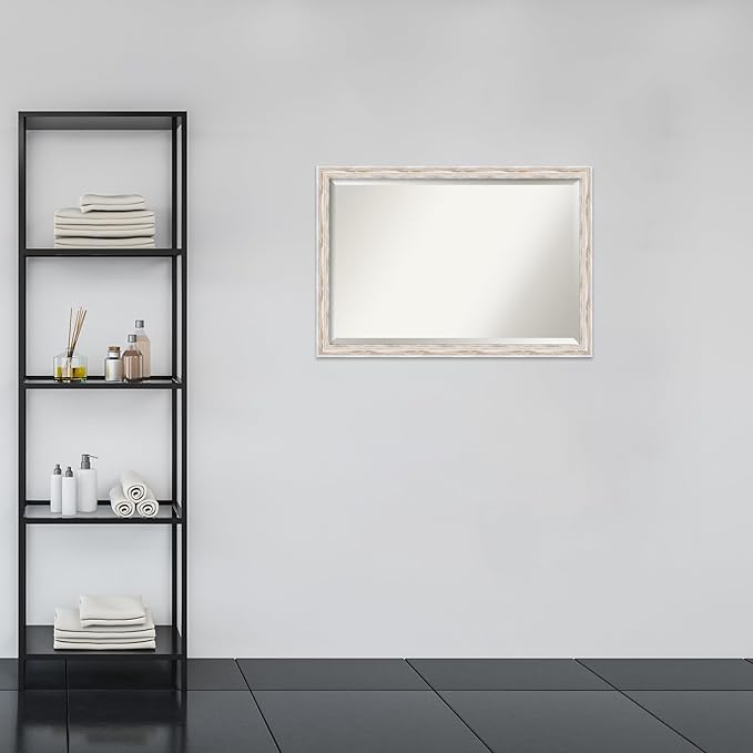 Amanti Art White Bathroom Mirror for Over Sink, 27x39 Alexandria White Wash Narrow Rectangle Vanity Mirror, Large Cottage Wood Frame, Hangs Horizonally and Vertically, Bathroom Wall Decor, Beveled