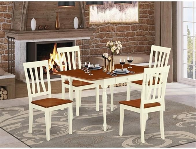 East West Furniture MZAN5-WHI-W 5 Piece Dinette Set for 4 Includes a Rectangle Dining Room Table with Dropleaf and 4 Kitchen Dining Chairs, 36x54 Inch, Buttermilk & Cherry